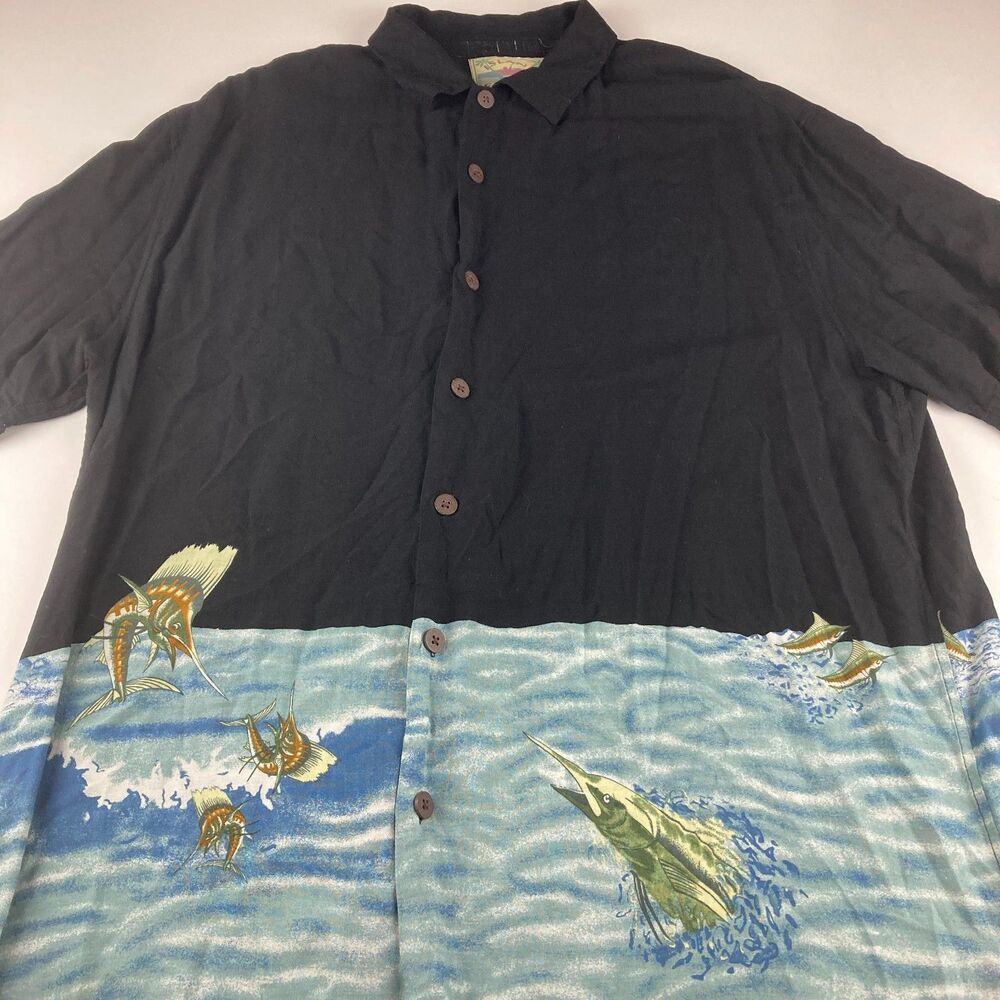 Island Fever Hawaiian Shirt Mens XL Black Marlin Sailfish Ocean Fishing